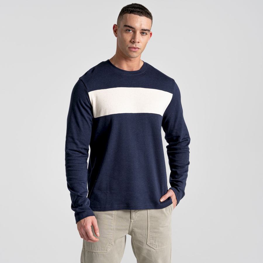 Men's Craghoppers Latherton Long Sleeved T-Shirts Blue Navy Stripes | BIL8892TR