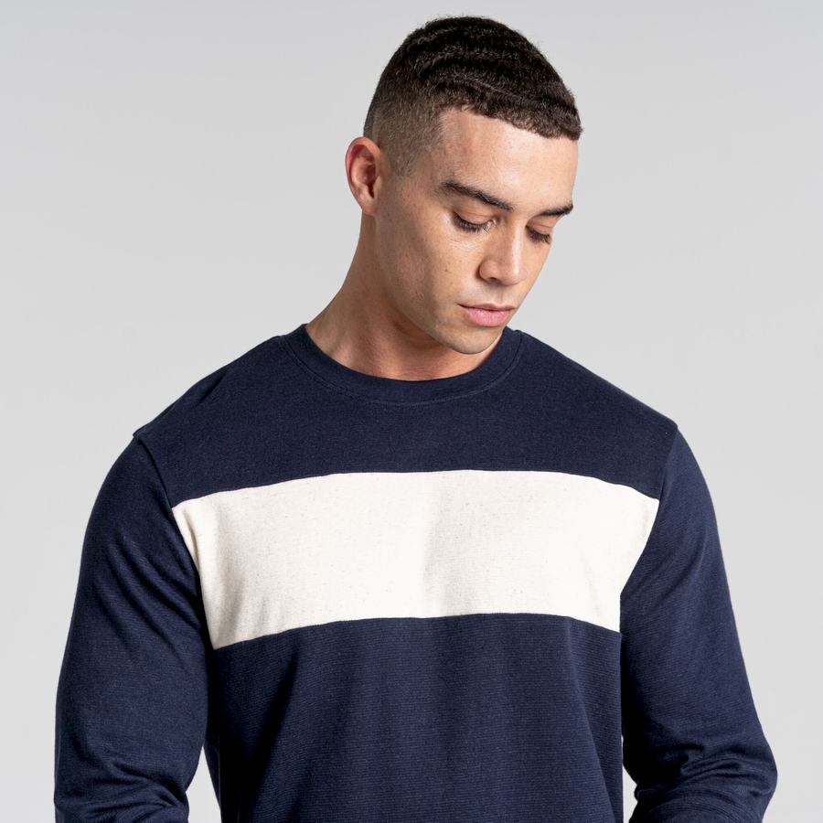 Men's Craghoppers Latherton Long Sleeved T-Shirts Blue Navy Stripes | BIL8892TR