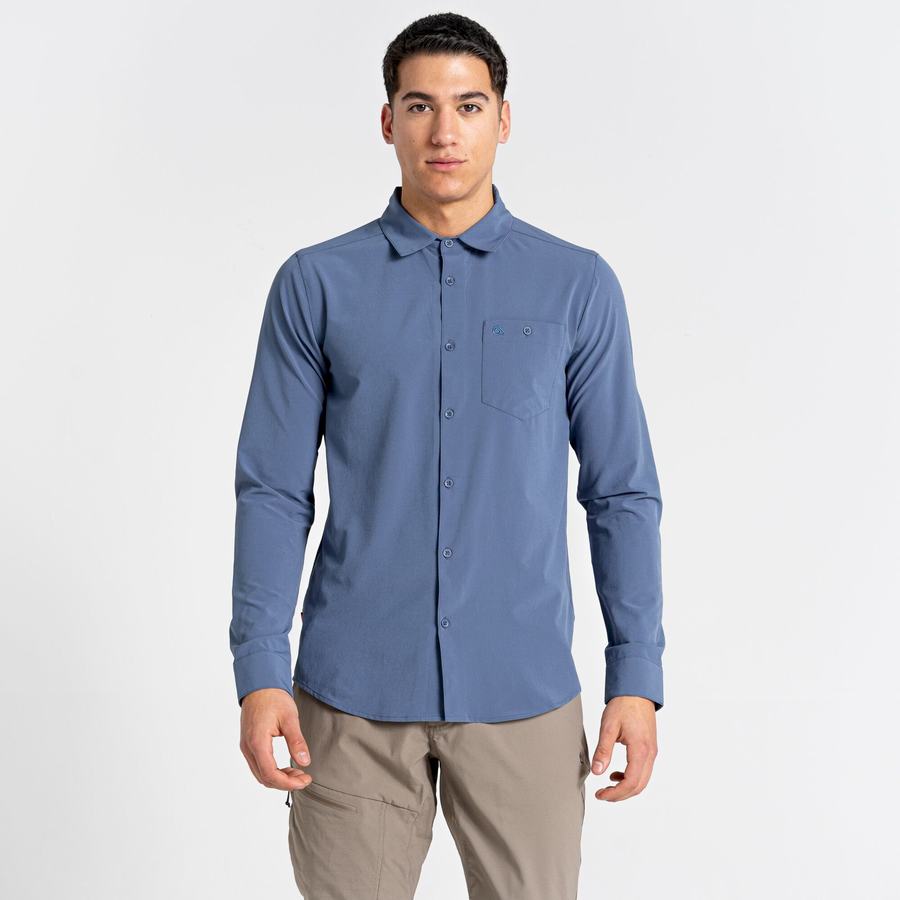 Men's Craghoppers NosiLife Hedley Long Sleeved Shirts Blue | IEY8341SN