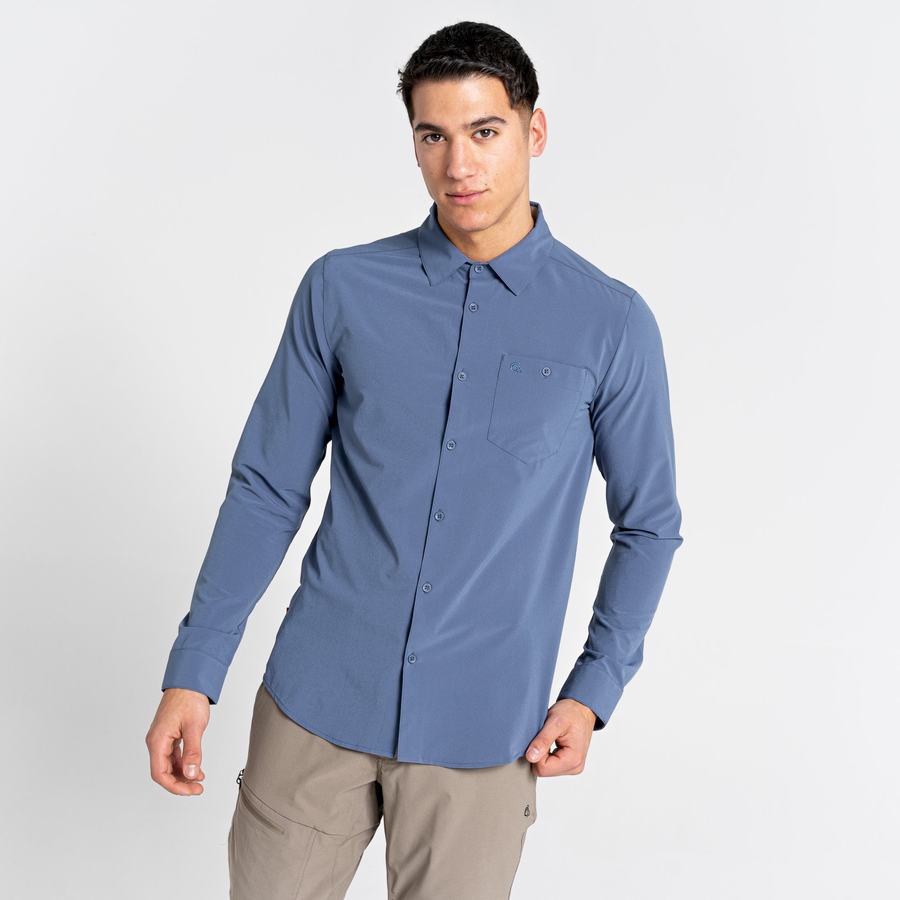 Men's Craghoppers NosiLife Hedley Long Sleeved Shirts Blue | IEY8341SN