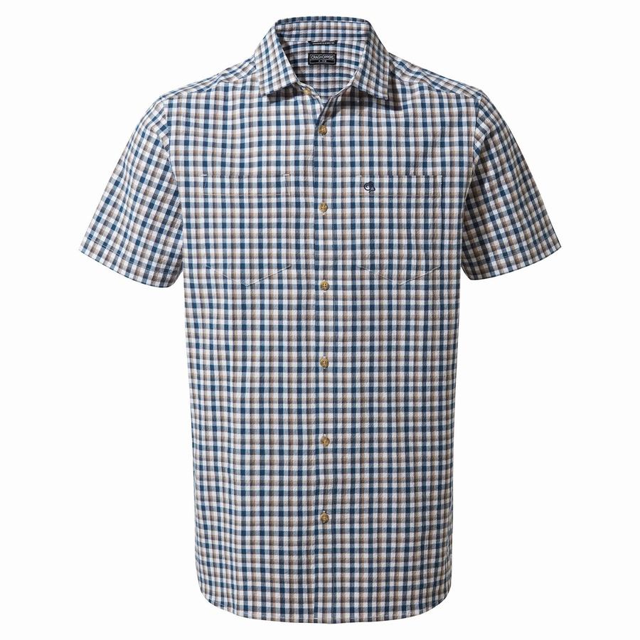 Men's Craghoppers Nour Short Sleeved Check Shirts Blue Navy | SAJ1011WR