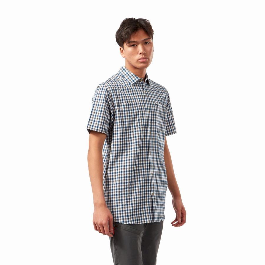 Men's Craghoppers Nour Short Sleeved Check Shirts Blue Navy | SAJ1011WR