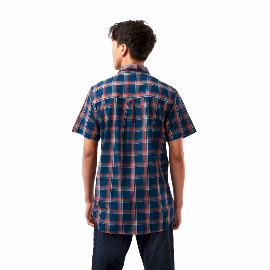 Men's Craghoppers Rafie Short Sleeved Check Shirts Navy Blue | EZS46DD