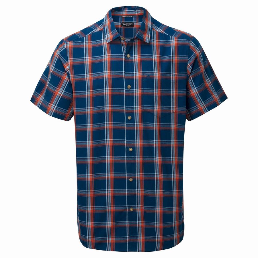 Men's Craghoppers Rafie Short Sleeved Check Shirts Navy Blue | EZS46DD