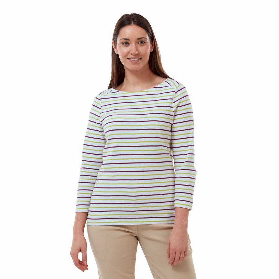 Women's Craghoppers Blanca 3/4 Sleeved Top T-Shirts Light Green Stripes | GCY7175WQ