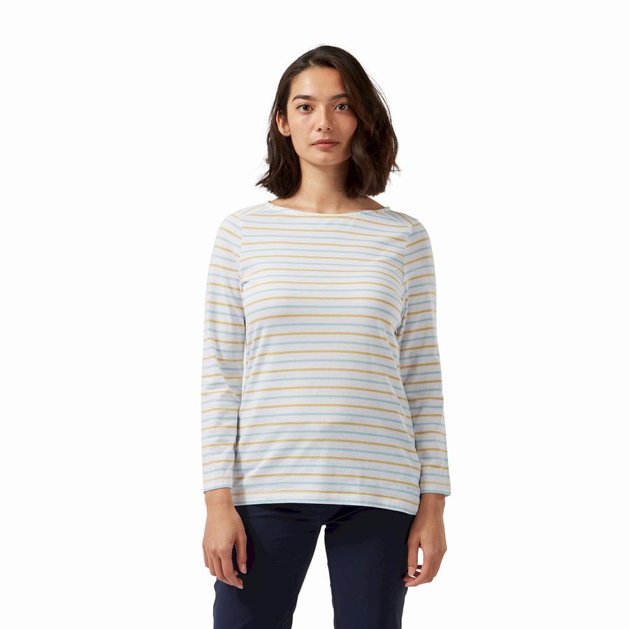 Women's Craghoppers Blanca 3/4 Sleeved Top T-Shirts Blue Yellow Stripes | RSK971VR