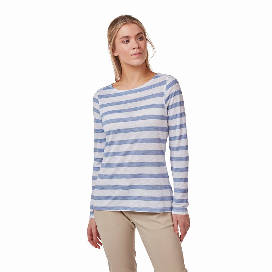 Women's Craghoppers NosiLife Erin Long Sleeved T-Shirts Blue Stripes | JGD9544IC