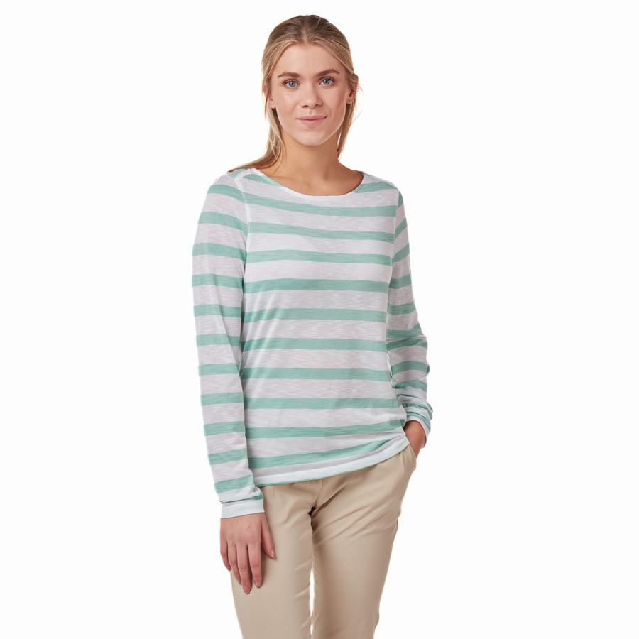 Women's Craghoppers NosiLife Erin Long Sleeved T-Shirts Turquoise Stripes | KIT9083SY