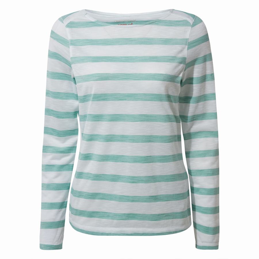 Women's Craghoppers NosiLife Erin Long Sleeved T-Shirts Turquoise Stripes | KIT9083SY