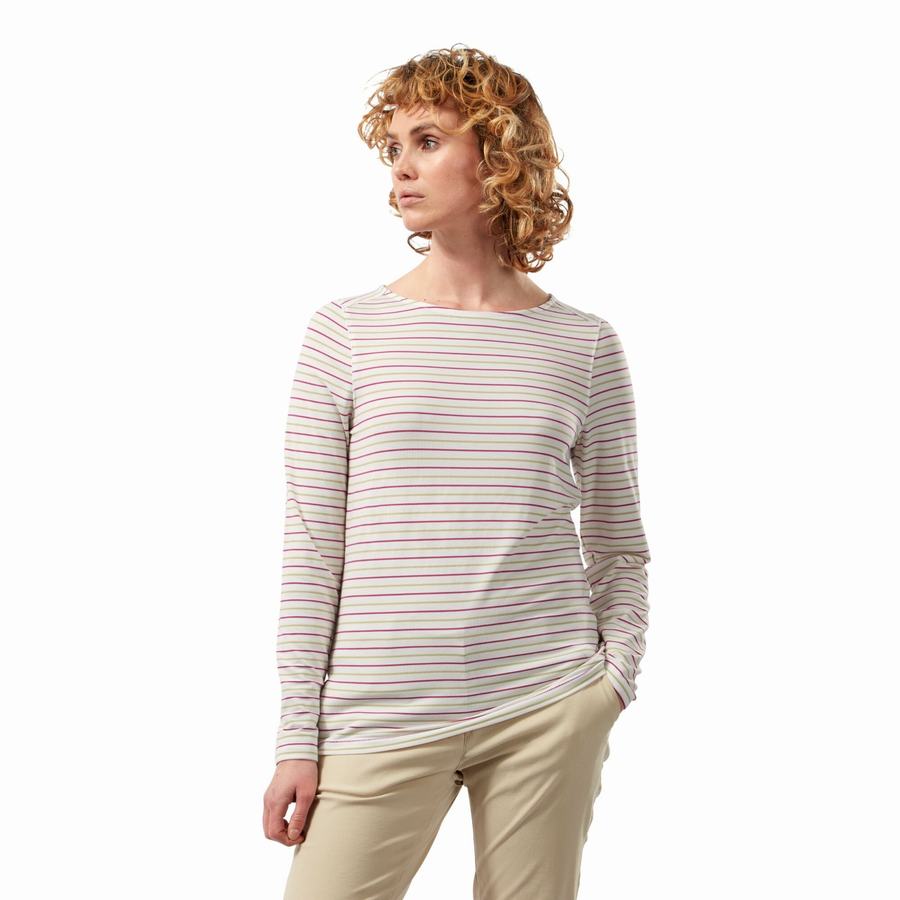 Women's Craghoppers NosiLife Erin Long Sleeved T-Shirts Light Green Stripes | PUT3541ZT