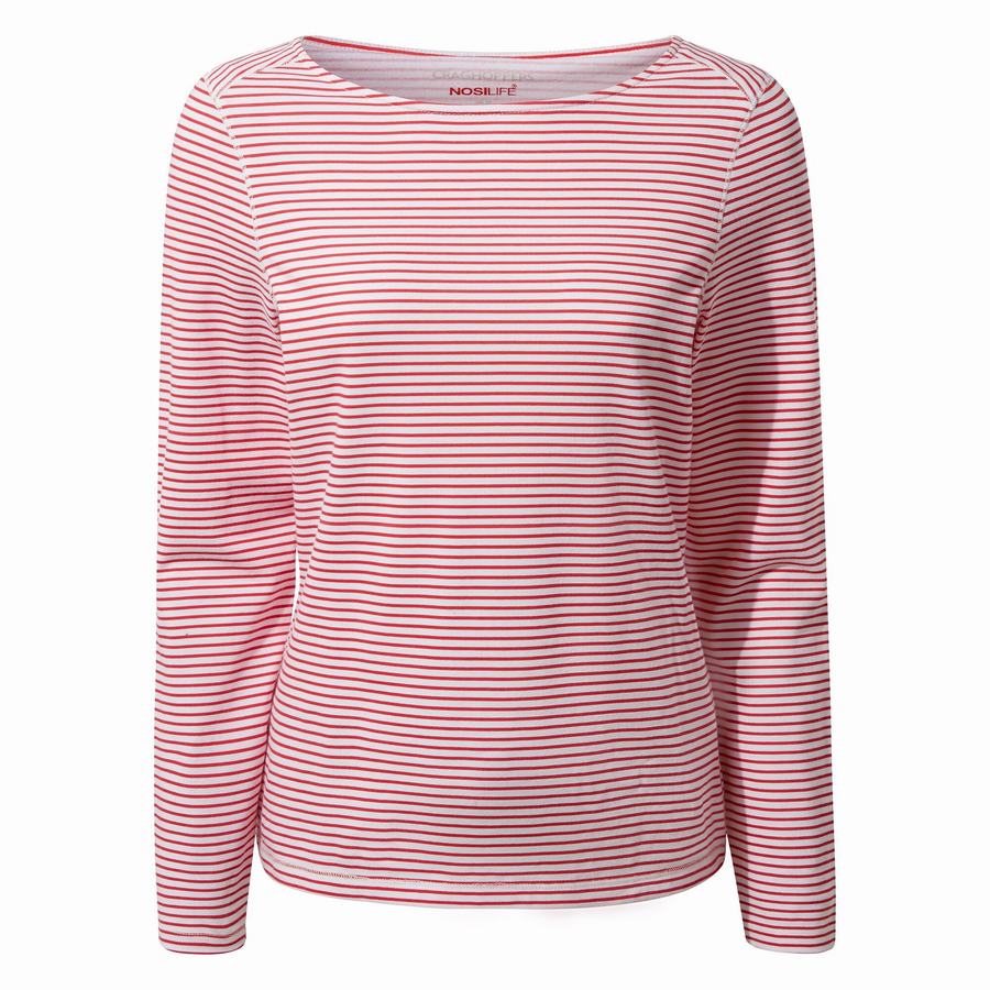 Women's Craghoppers NosiLife Erin Long Sleeved T-Shirts Red Stripes | QXS9335WY