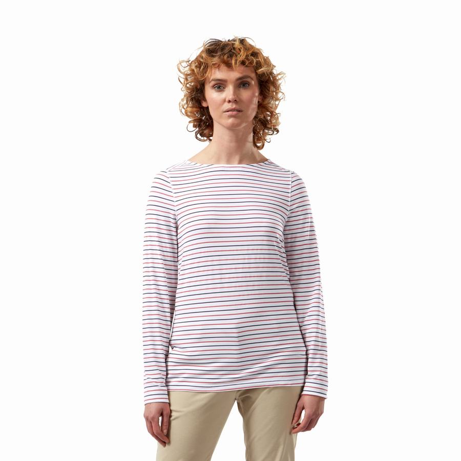 Women's Craghoppers NosiLife Erin Long Sleeved T-Shirts Blue Navy Red Stripes | WJY3357ZP