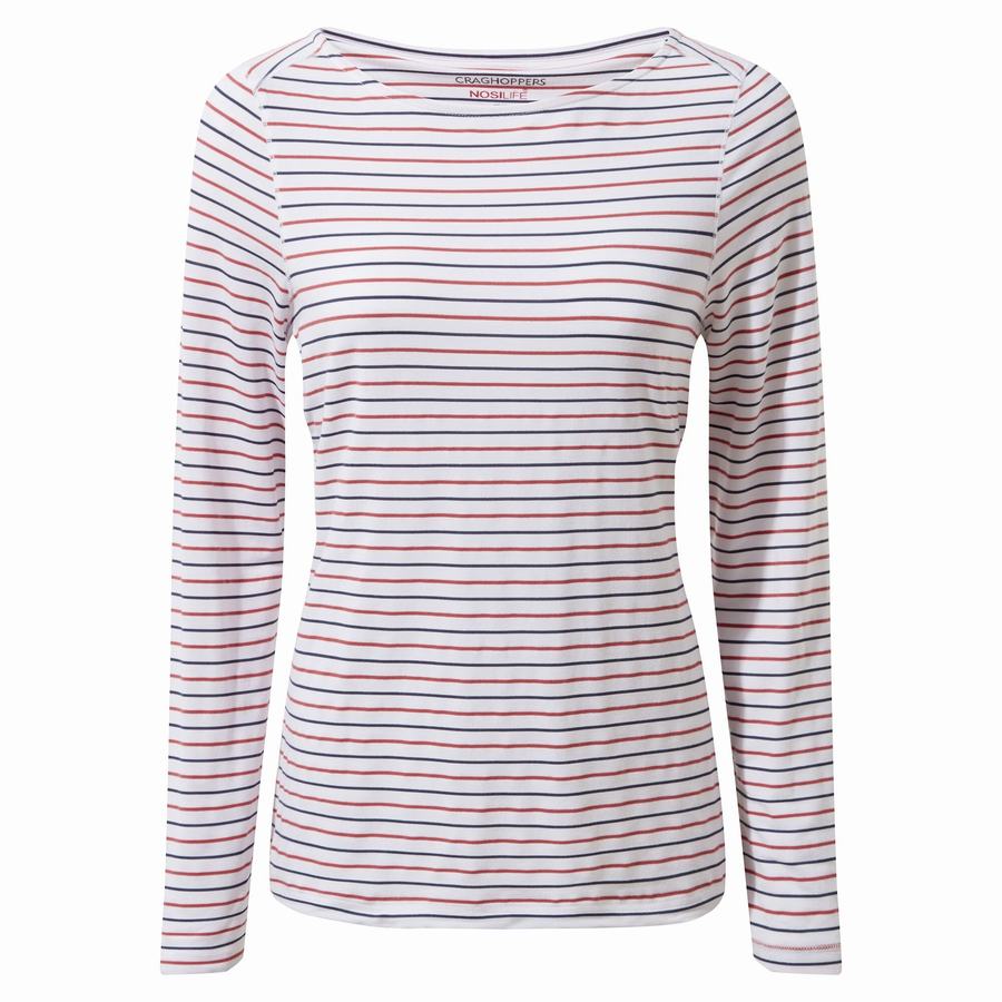 Women's Craghoppers NosiLife Erin Long Sleeved T-Shirts Blue Navy Red Stripes | WJY3357ZP