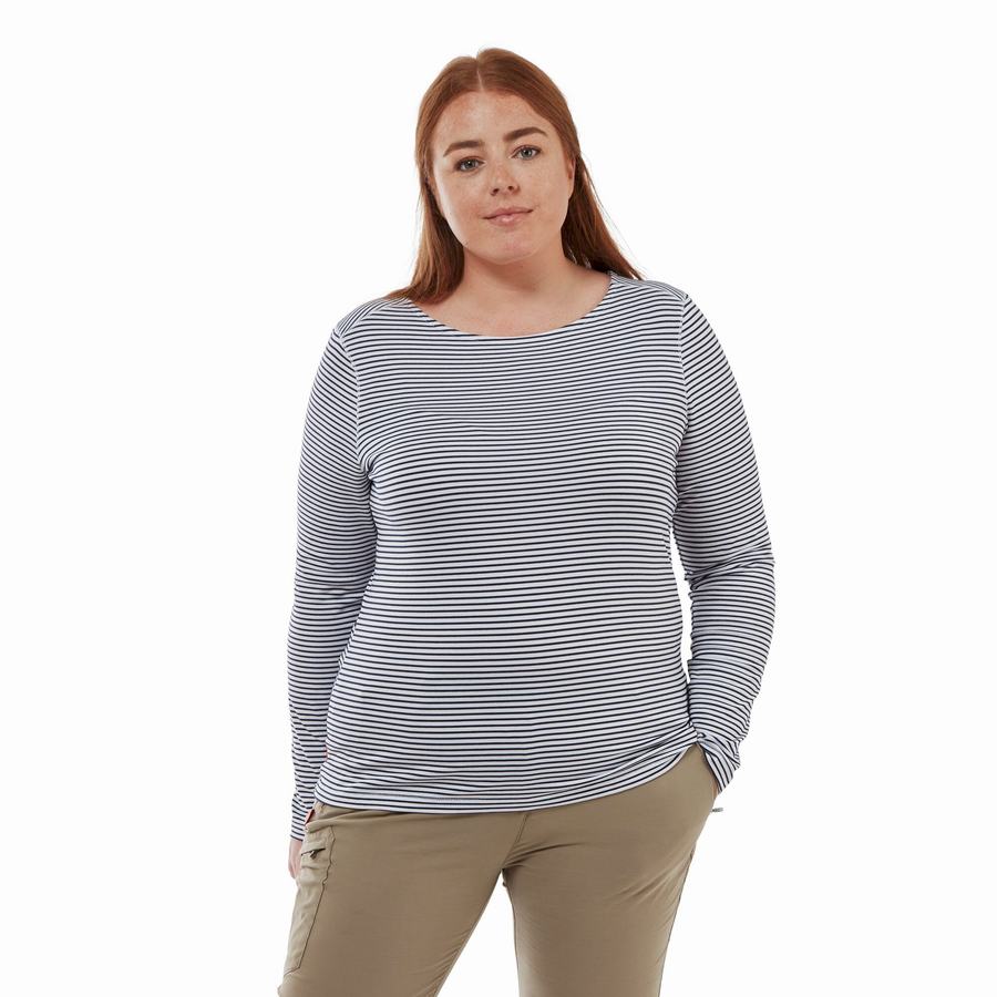 Women's Craghoppers NosiLife Erin Long Sleeved T-Shirts Blue Navy Stripes | WMW431IX